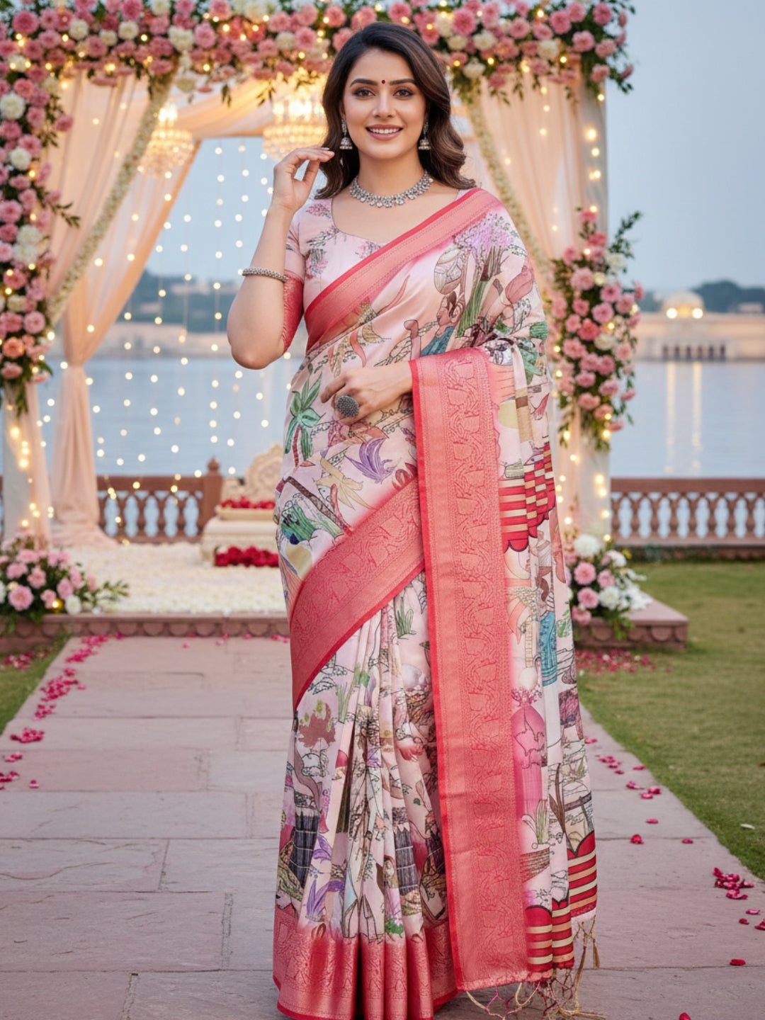 Cream Tussar Silk Saree For Women | Digital Print Party Wear Saree