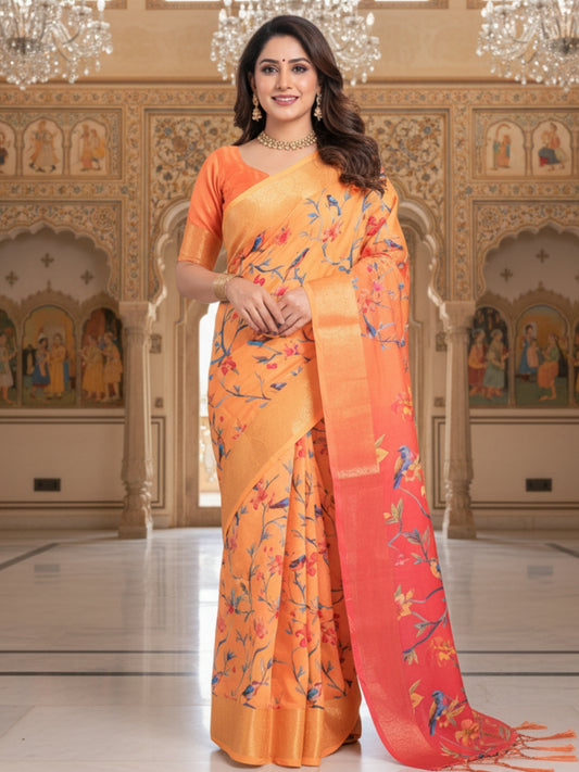 Orange Linen Cotton Saree For Women | Digital Print Party Wear Saree