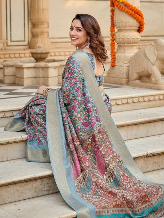 Light Blue Tussar Silk Saree For Women | Digital Print Party Wear Saree