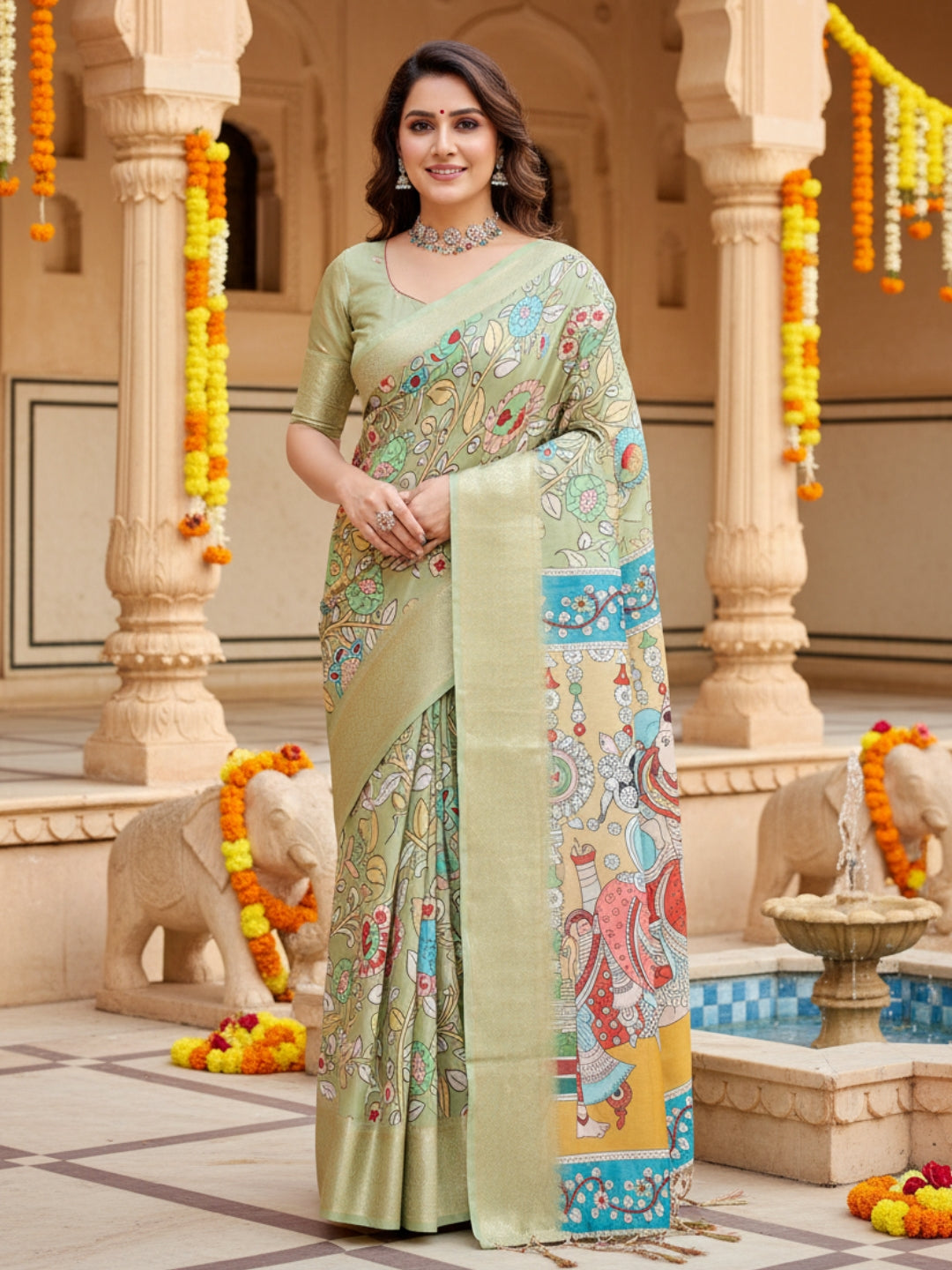 Green Tussar Silk Saree For Women | Digital Print Party Wear Saree