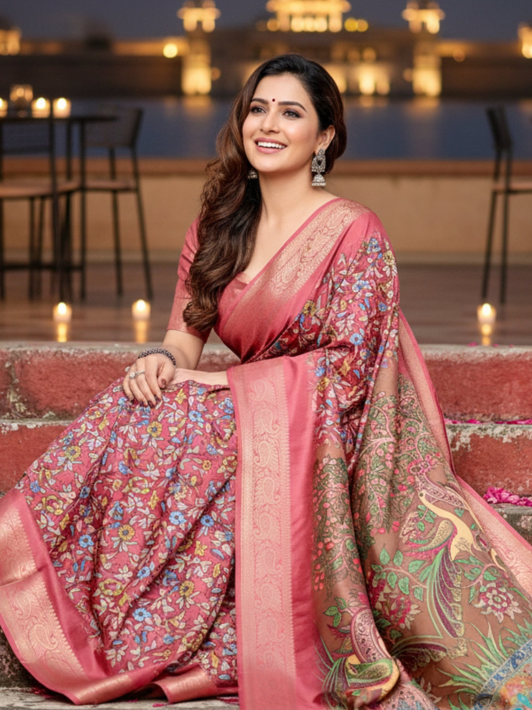 Brown Tussar Silk Saree For Women | Digital Print Party Wear Saree