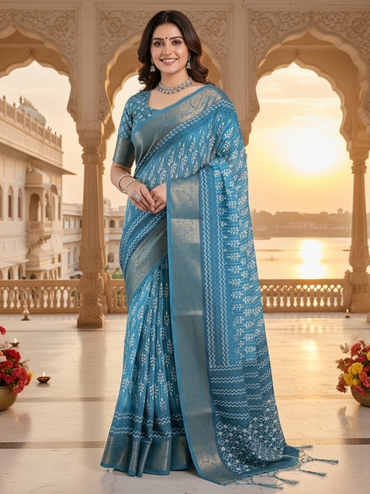 Teal Linen Cotton Saree For Women | Digital Print Party Wear Saree