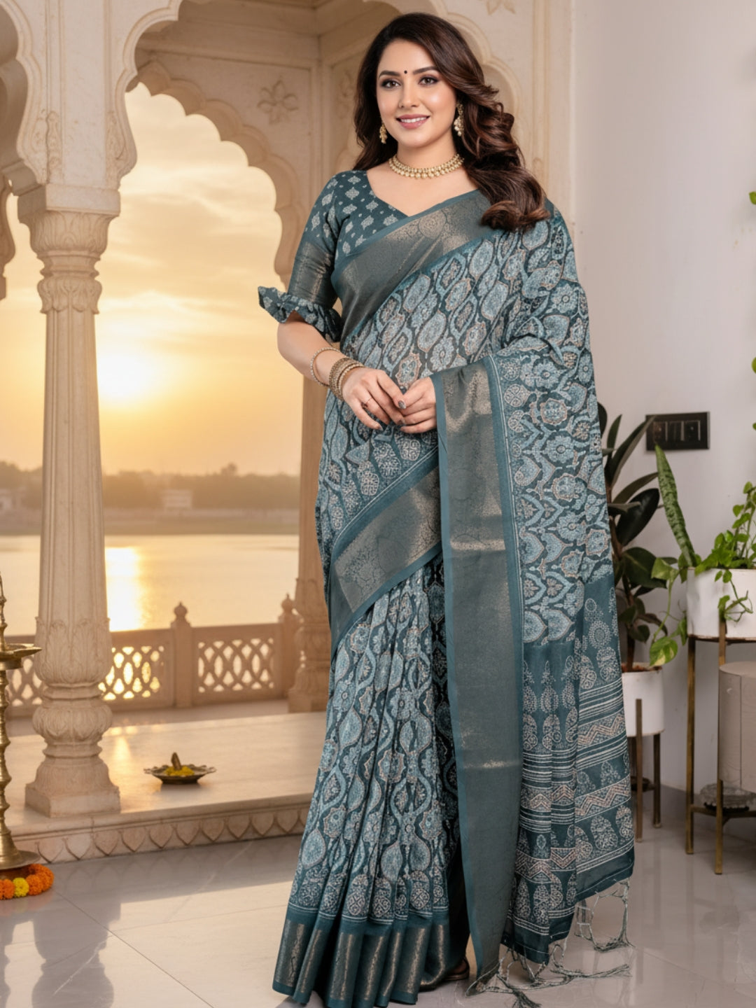 Green Linen Cotton Saree For Women | Digital Print Party Wear Saree