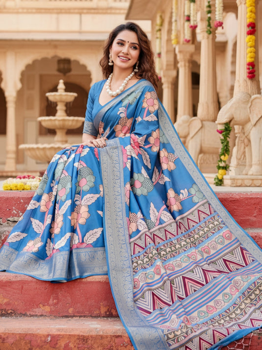 Blue Tussar Silk Saree For Women | Digital Print Party Wear Saree