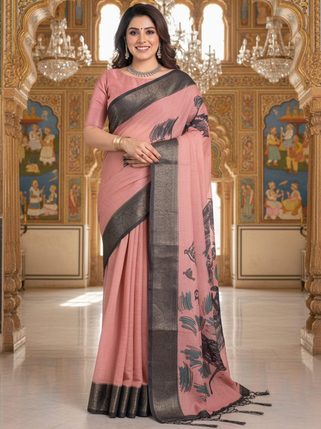 Rust Linen Cotton Saree For Women | Digital Print Party Wear Saree