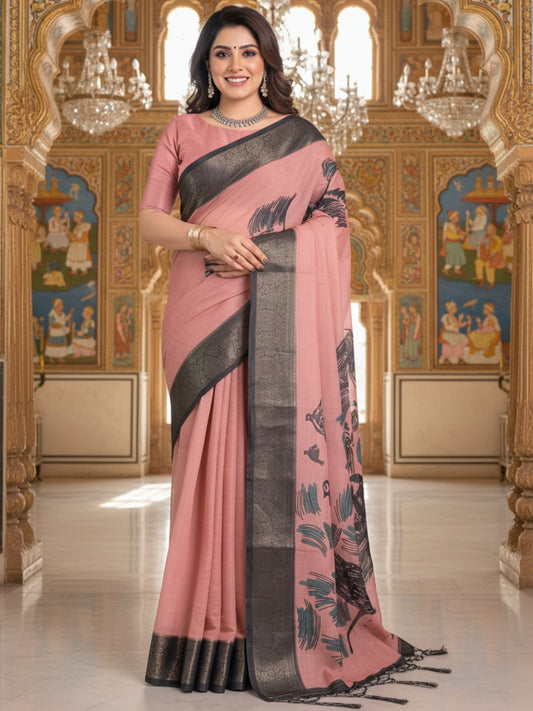 Rust Linen Cotton Saree For Women | Digital Print Party Wear Saree