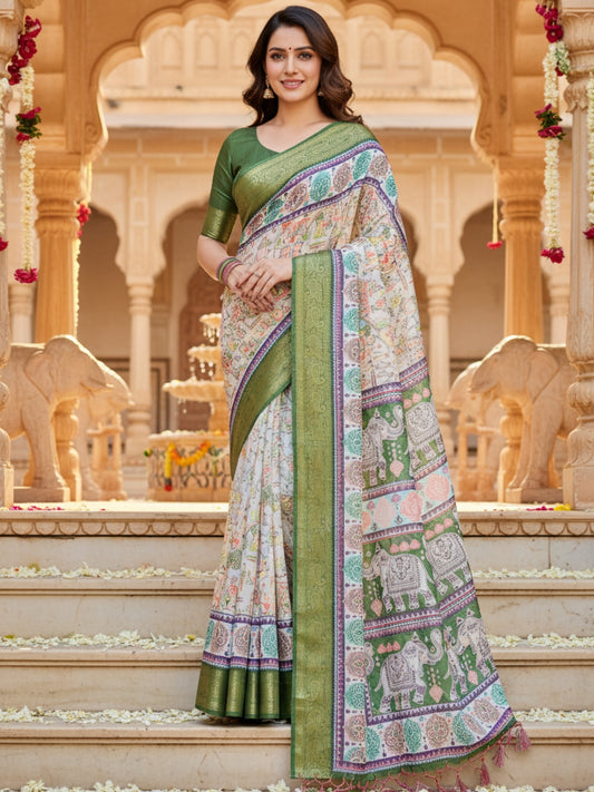 Green  White Tussar Silk Saree For Women | Digital Print Party Wear Saree