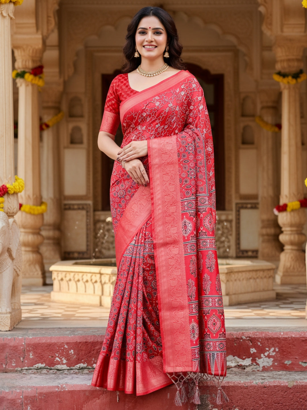 Red Tussar Silk Saree For Women | Digital Print Party Wear Saree