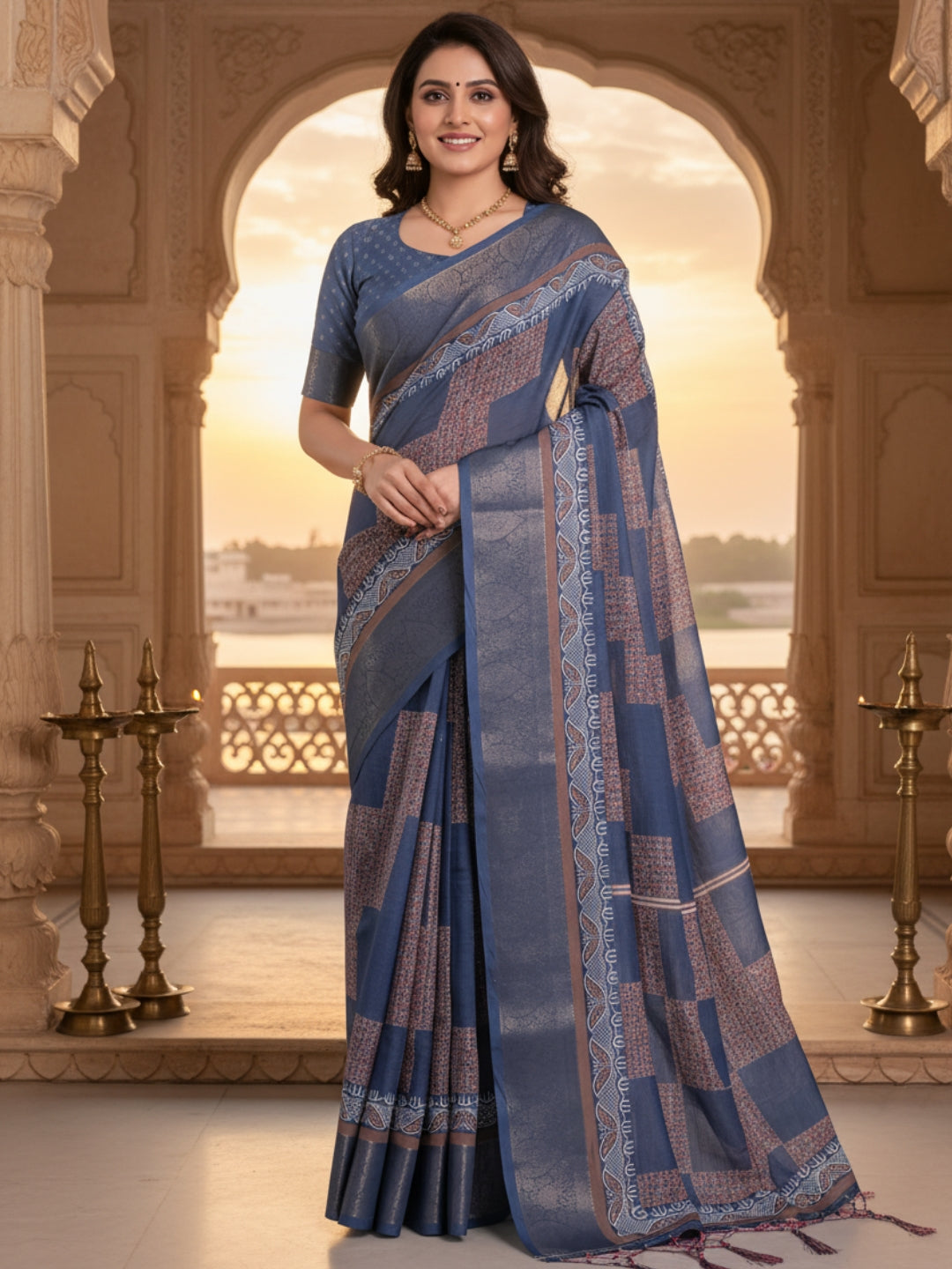 Blue Linen Cotton Saree For Women | Digital Print Party Wear Saree