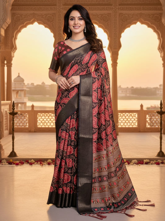 Black  Pink Linen Cotton Saree For Women | Digital Print Party Wear Saree
