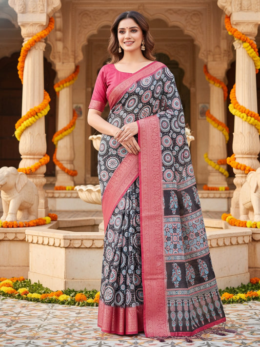Orange  Black Tussar Silk Saree For Women | Digital Print Party Wear Saree