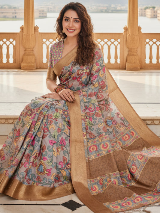 Grey Tussar Silk Saree For Women | Digital Print Party Wear Saree