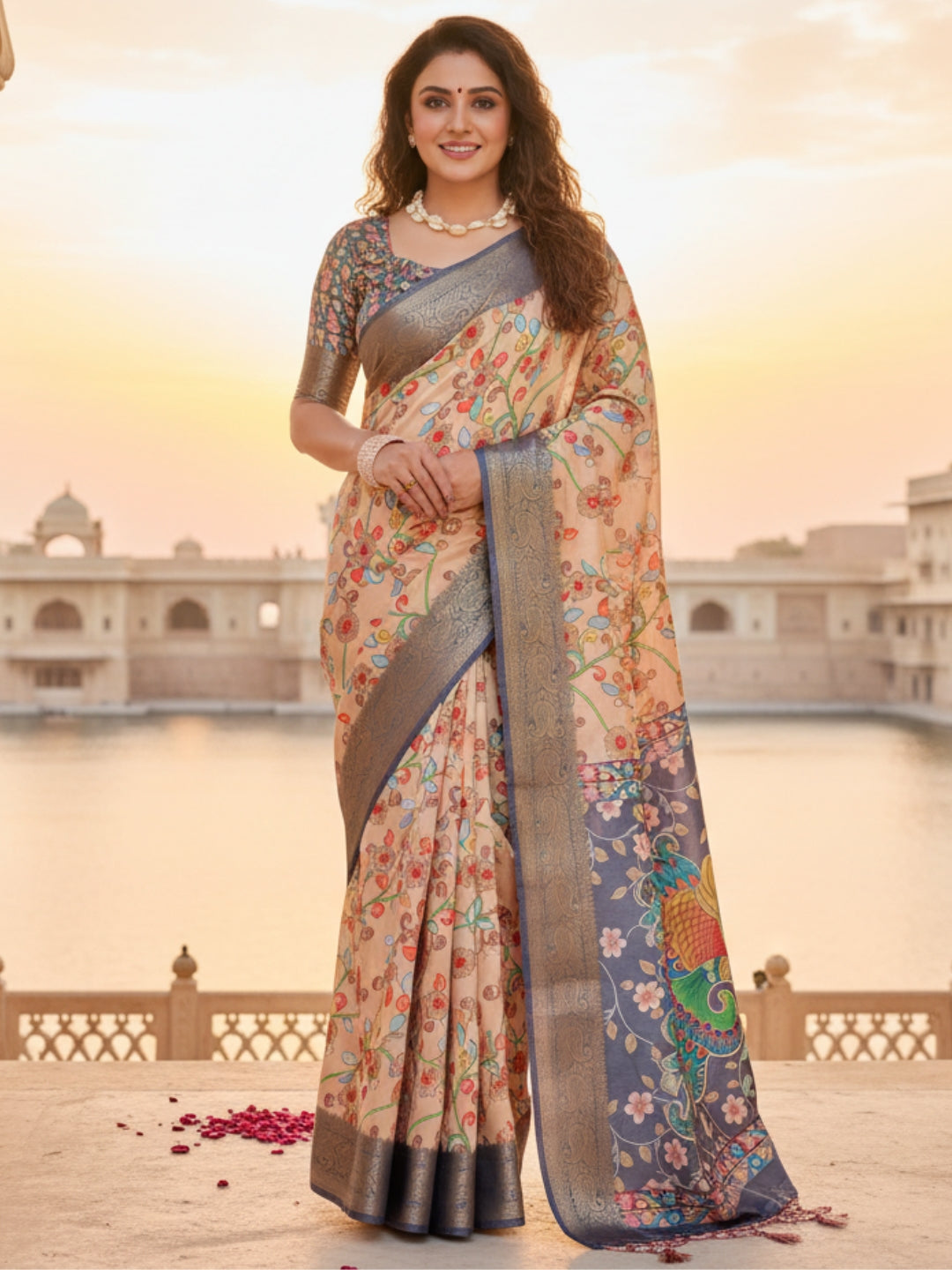 Orange  Blue Tussar Silk Saree For Women | Digital Print Party Wear Saree