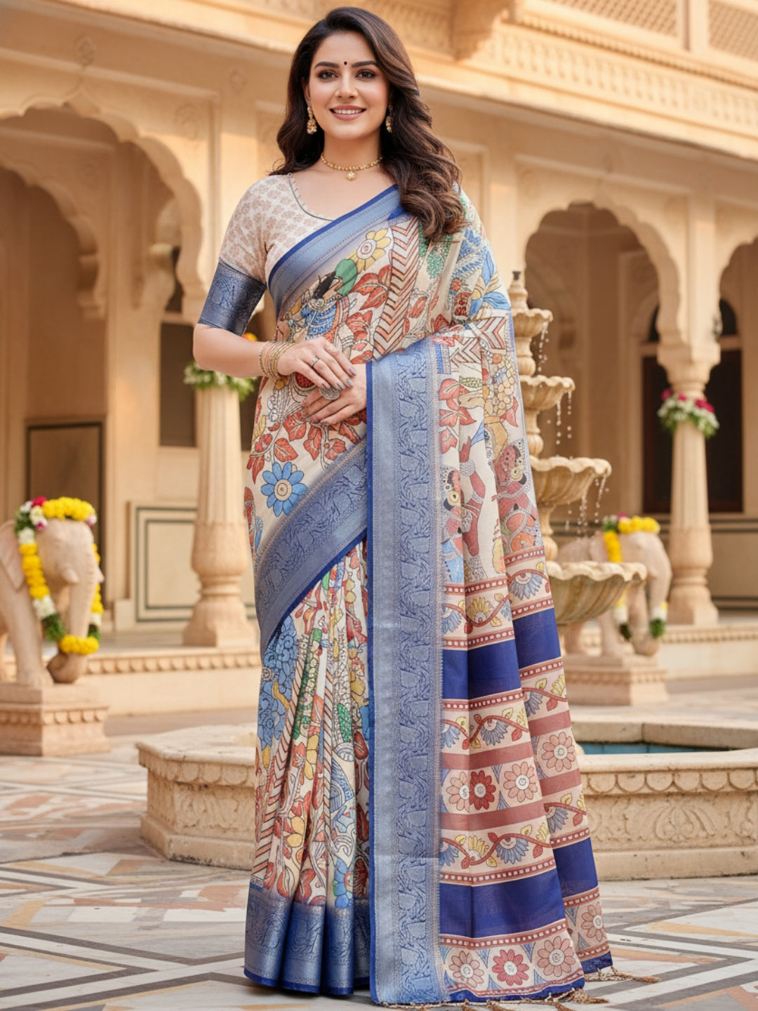 Cream Tussar Silk Saree For Women | Digital Print Party Wear Saree