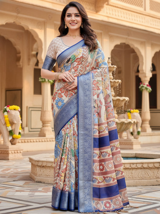 Cream Tussar Silk Saree For Women | Digital Print Party Wear Saree