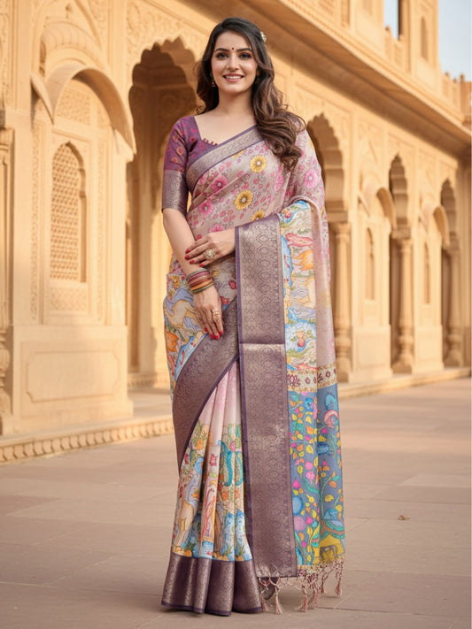Peach  Green Tussar Silk Saree For Women | Digital Print Party Wear Saree