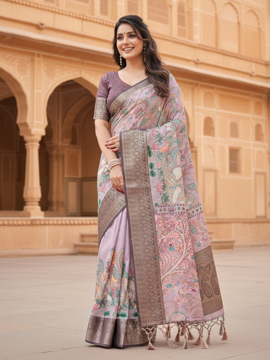 Peach Tussar Silk Saree For Women | Digital Print Party Wear Saree