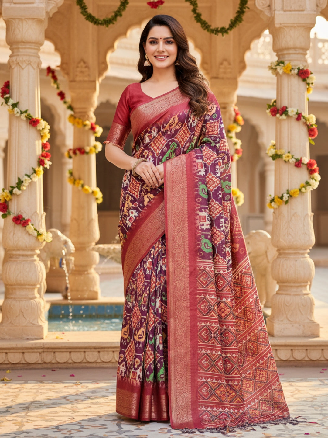 Red Tussar Silk Saree For Women | Digital Print Party Wear Saree
