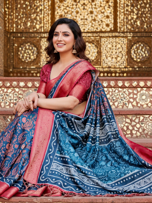 Blue Tussar Silk Saree For Women | Digital Print Party Wear Saree