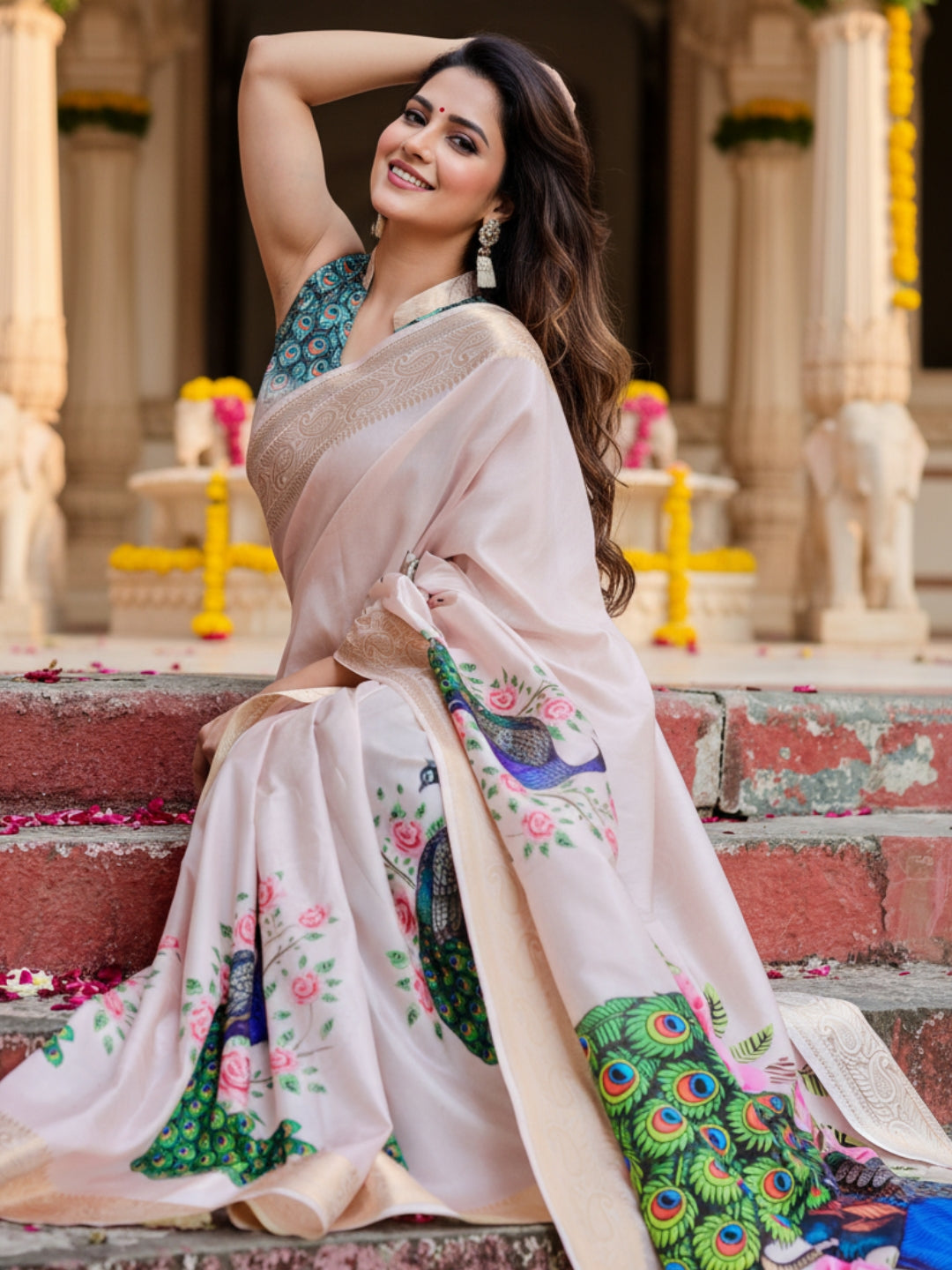 Cream Tussar Silk Saree For Women | Digital Print Party Wear Saree
