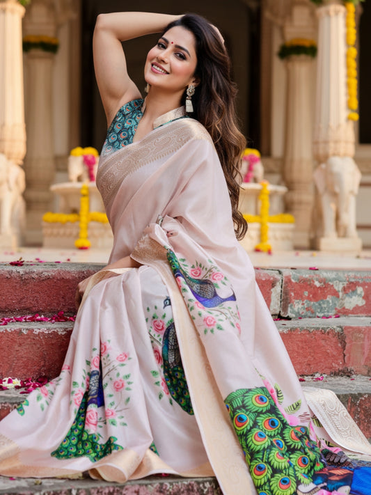Cream Tussar Silk Saree For Women | Digital Print Party Wear Saree