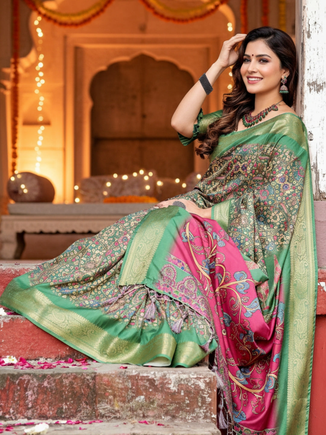 Green Tussar Silk Saree For Women | Digital Print Party Wear Saree