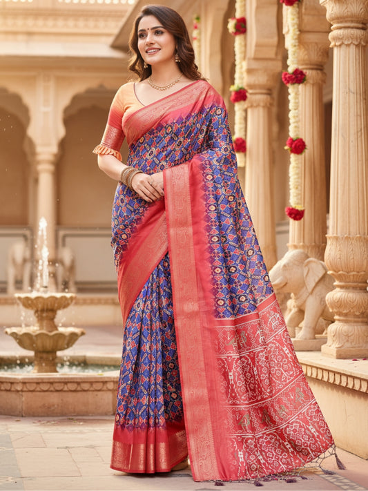 Blue  Red Tussar Silk Saree For Women | Digital Print Party Wear Saree
