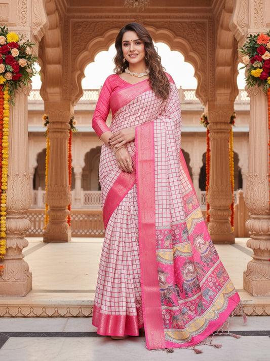 White  Pink Tussar Silk Saree For Women | Digital Print Party Wear Saree