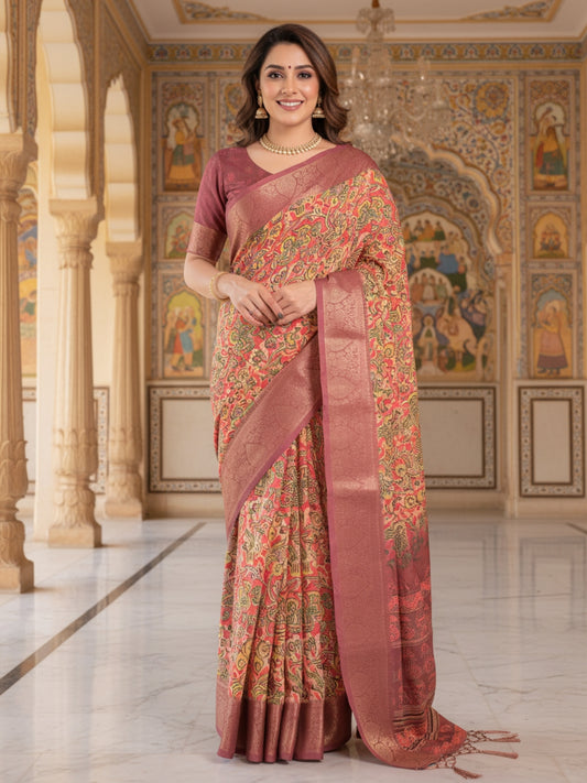 Yellow  Orange Linen Cotton Saree For Women | Digital Print Party Wear Saree