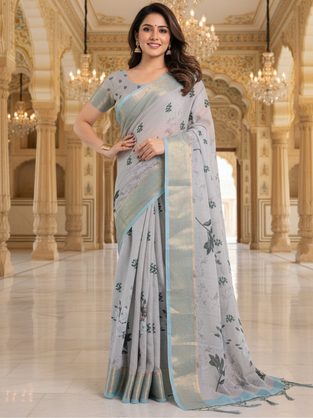 Grey Linen Cotton Saree For Women | Digital Print Party Wear Saree