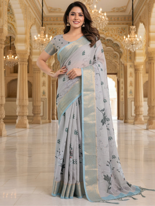 Grey Linen Cotton Saree For Women | Digital Print Party Wear Saree