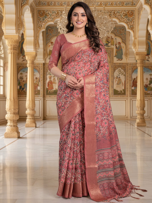 Red Linen Cotton Saree For Women | Digital Print Party Wear Saree