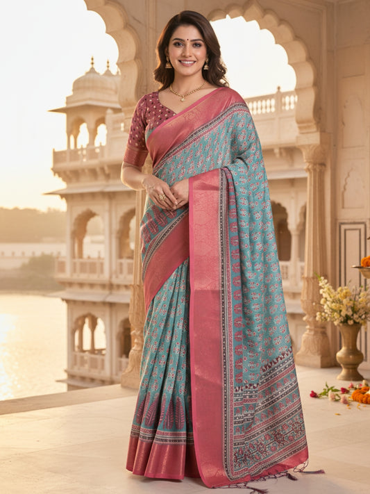 Green  Pink Linen Cotton Saree For Women | Digital Print Party Wear Saree