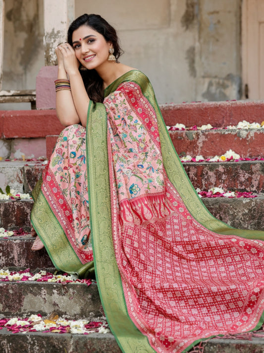 Green  Peach Tussar Silk Saree For Women | Digital Print Party Wear Saree