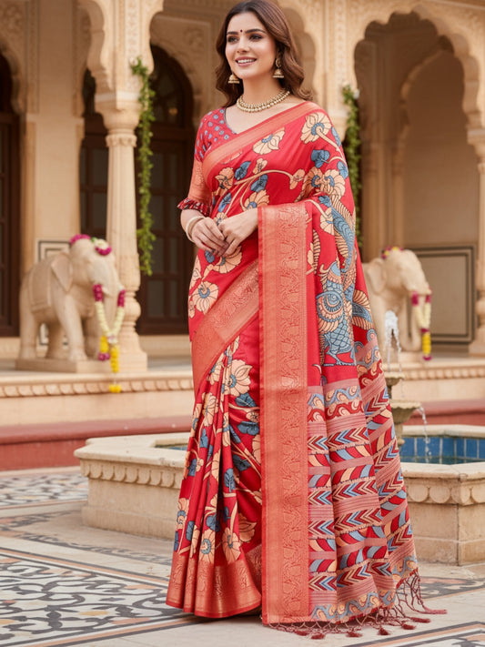 Red Tussar Silk Saree For Women | Digital Print Party Wear Saree