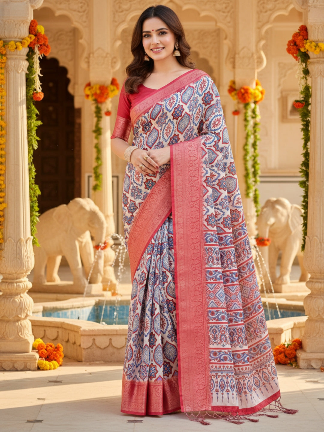 Red  White Tussar Silk Saree For Women | Digital Print Party Wear Saree