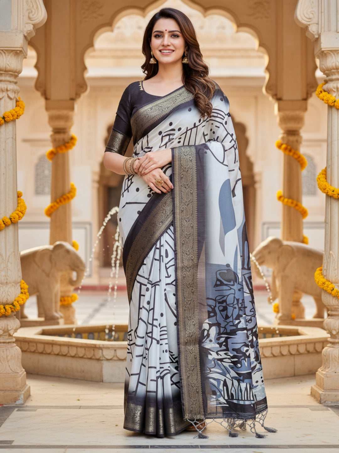 White  Grey Tussar Silk Saree For Women | Digital Print Party Wear Saree