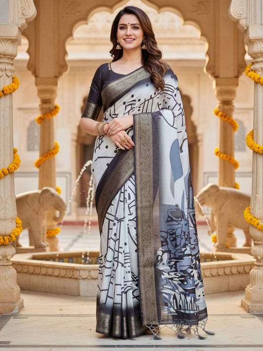 White  Grey Tussar Silk Saree For Women | Digital Print Party Wear Saree