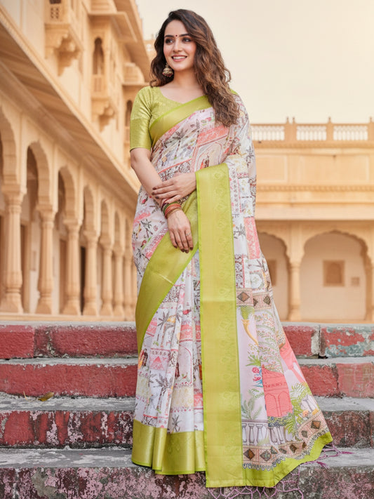 Yellow Tussar Silk Saree For Women | Digital Print Party Wear Saree