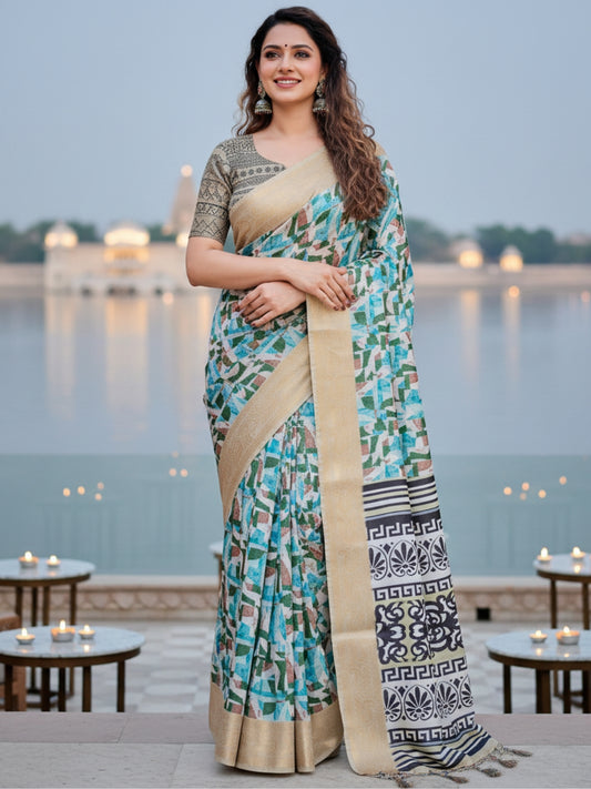 Cream  Blue Tussar Silk Saree For Women | Digital Print Party Wear Saree
