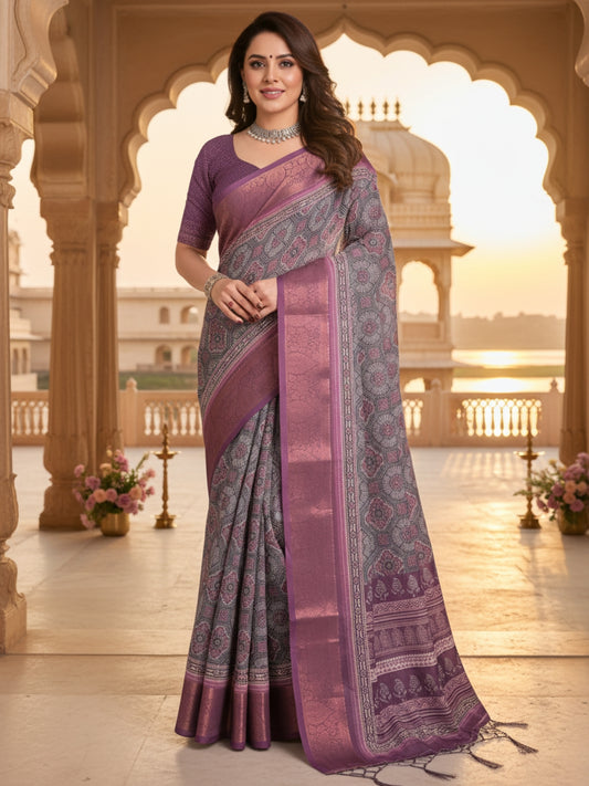 Lavender Linen Cotton Saree For Women | Digital Print Party Wear Saree