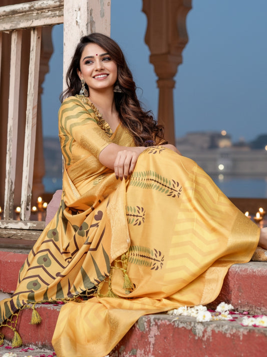 Yellow Tussar Silk Saree For Women | Digital Print Party Wear Saree