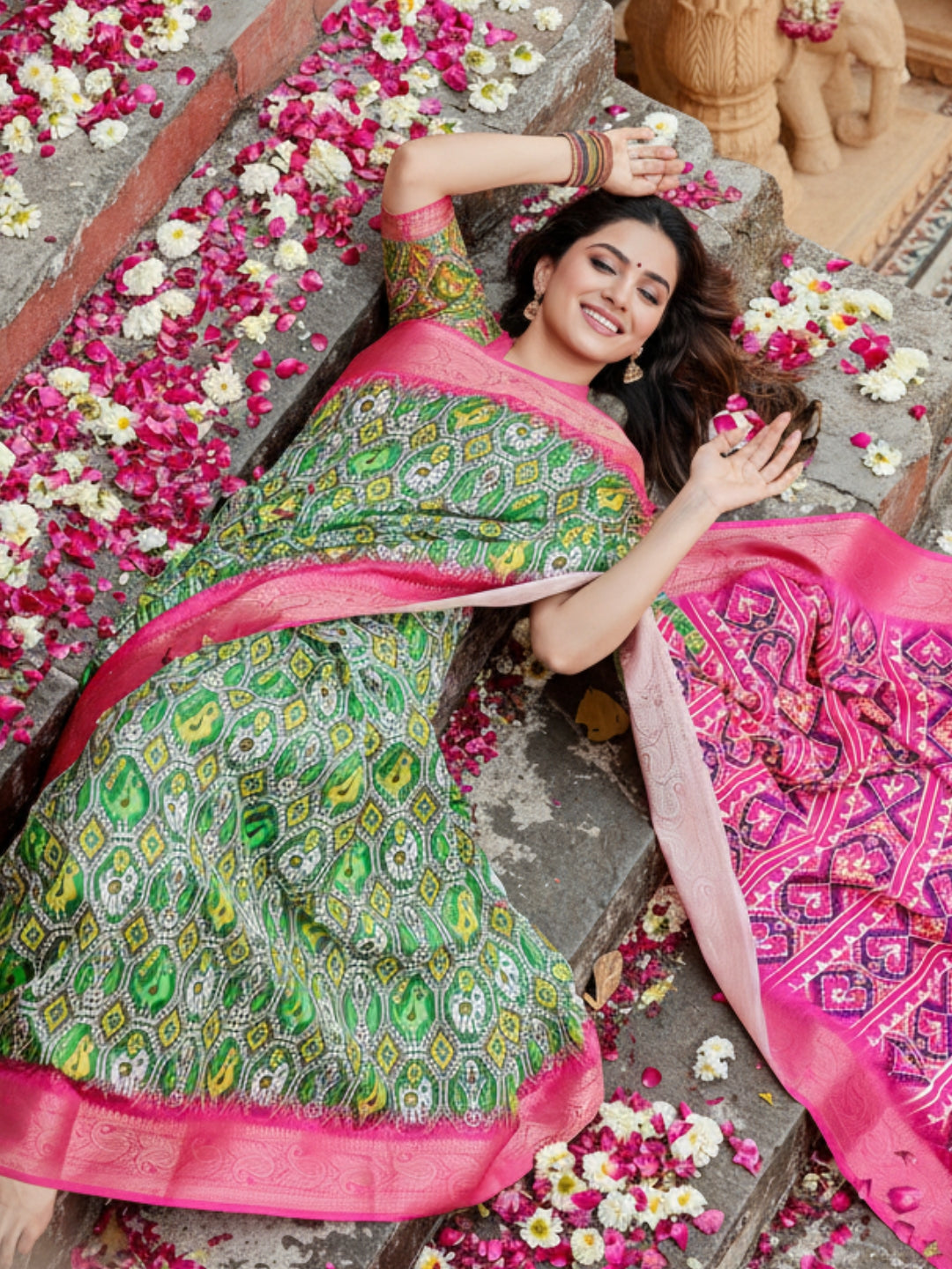 Green  Pink Tussar Silk Saree For Women | Digital Print Party Wear Saree