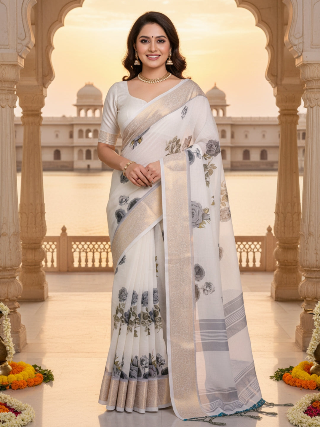 White Linen Cotton Saree For Women | Digital Print Party Wear Saree
