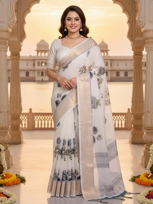 White Linen Cotton Saree For Women | Digital Print Party Wear Saree