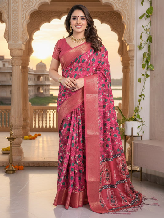 Pink Linen Cotton Saree For Women | Digital Print Party Wear Saree