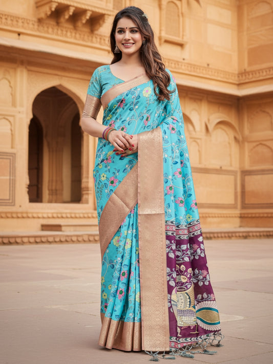 Blue  Purple Tussar Silk Saree For Women | Digital Print Party Wear Saree