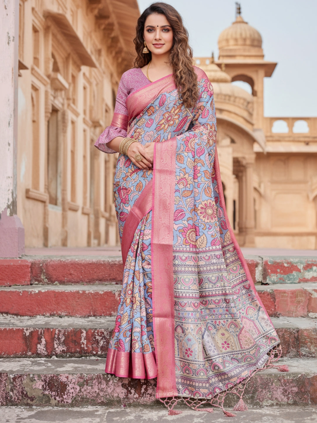 Blue  Pink Tussar Silk Saree For Women | Digital Print Party Wear Saree