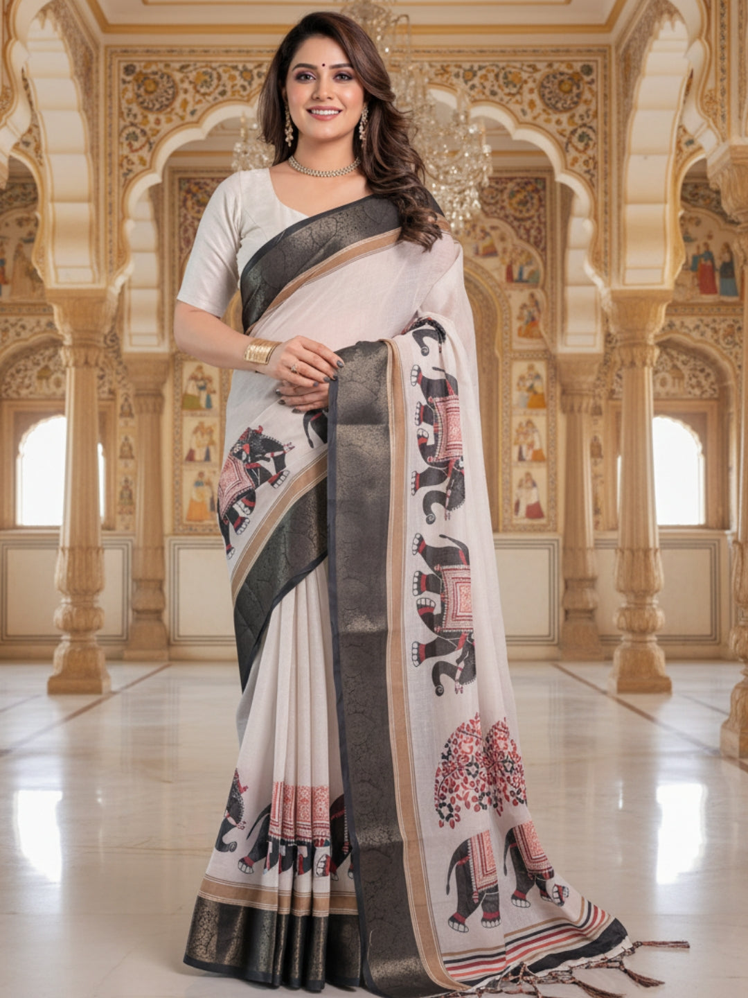 Grey Linen Cotton Saree For Women | Digital Print Party Wear Saree