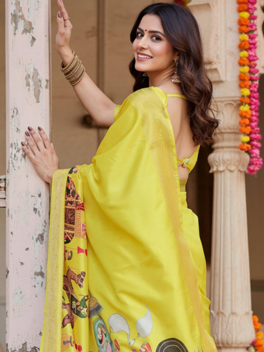 Yellow Tussar Silk Saree For Women | Digital Print Party Wear Saree
